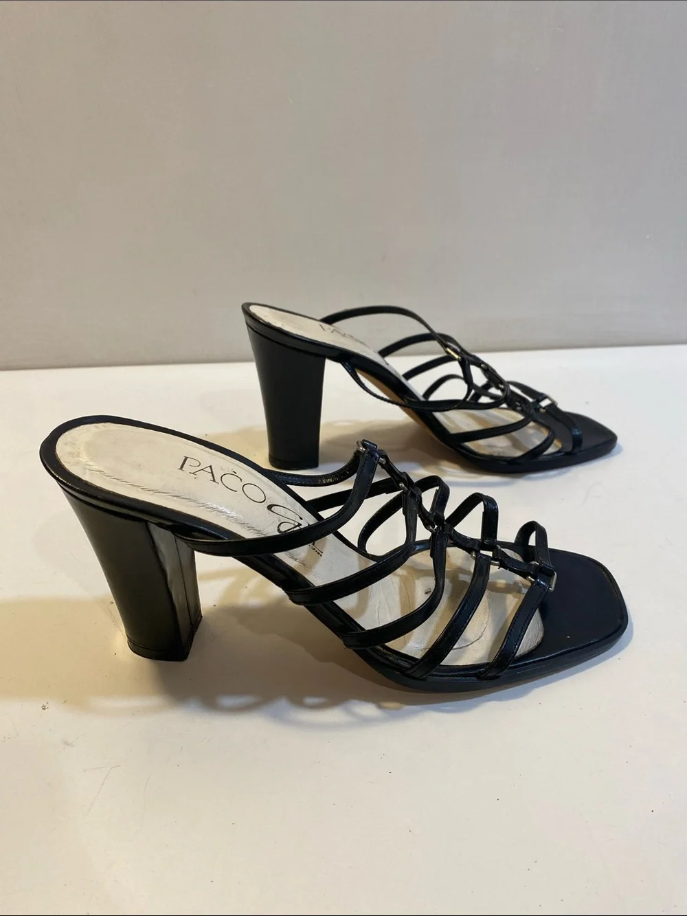 Paco Gil Made In Spain Black Strappy Block Heel Leather  Sandals 7.5 B